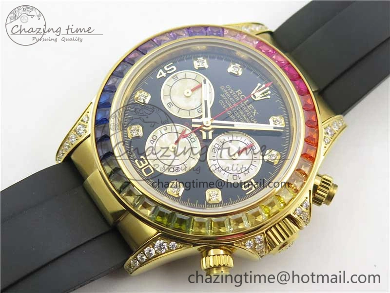 Daytona 116589RBOW YG Rainbow Crystal BLF Best Edition Black Dial on Rubber Strap A4130