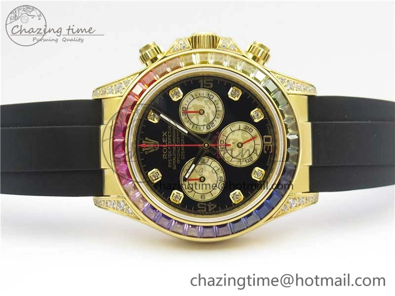 Daytona 116589RBOW YG Rainbow Crystal BLF Best Edition Black Dial on Rubber Strap A4130