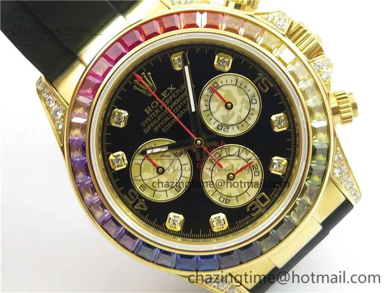 Daytona 116589RBOW YG Rainbow Crystal BLF Best Edition Black Dial on Rubber Strap A4130