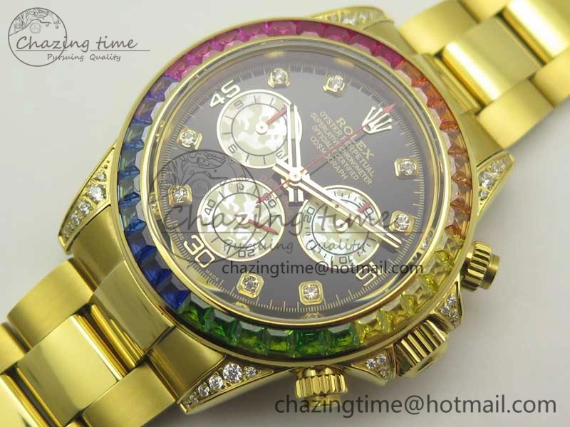 Daytona 116589RBOW YG Rainbow Crystal BLF Best Edition Black Dial on YG Bracelet A4130