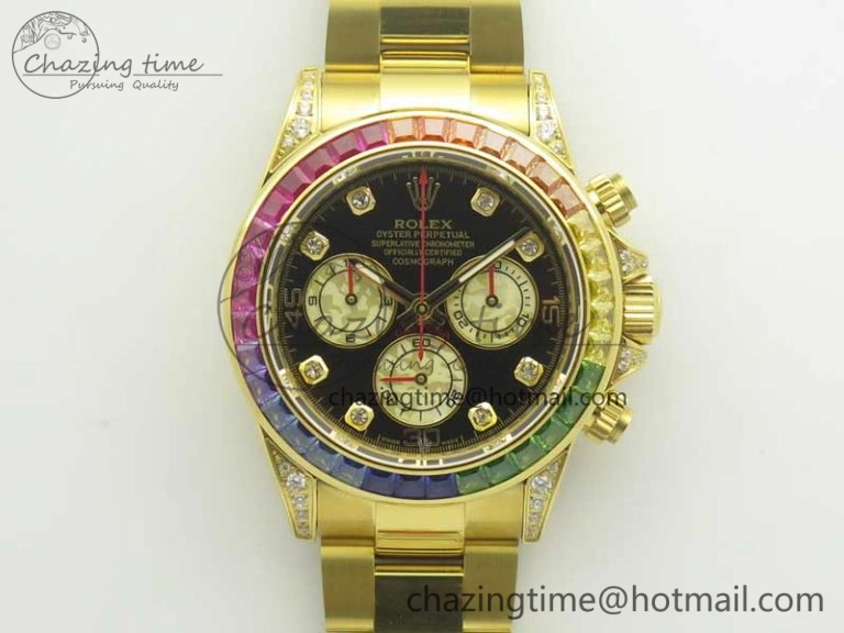 Daytona 116589RBOW YG Rainbow Crystal BLF Best Edition Black Dial on YG Bracelet A4130