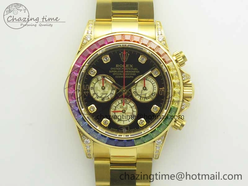 Daytona 116589RBOW YG Rainbow Crystal BLF Best Edition Black Dial on YG Bracelet A4130
