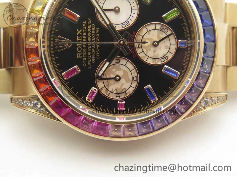 Daytona 116595RBOW RG Rainbow Crystal BLF Best Edition Black Dial on RG Bracelet A4130