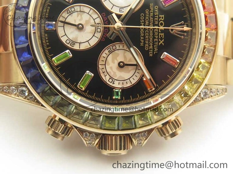 Daytona 116595RBOW RG Rainbow Crystal BLF Best Edition Black Dial on RG Bracelet A4130