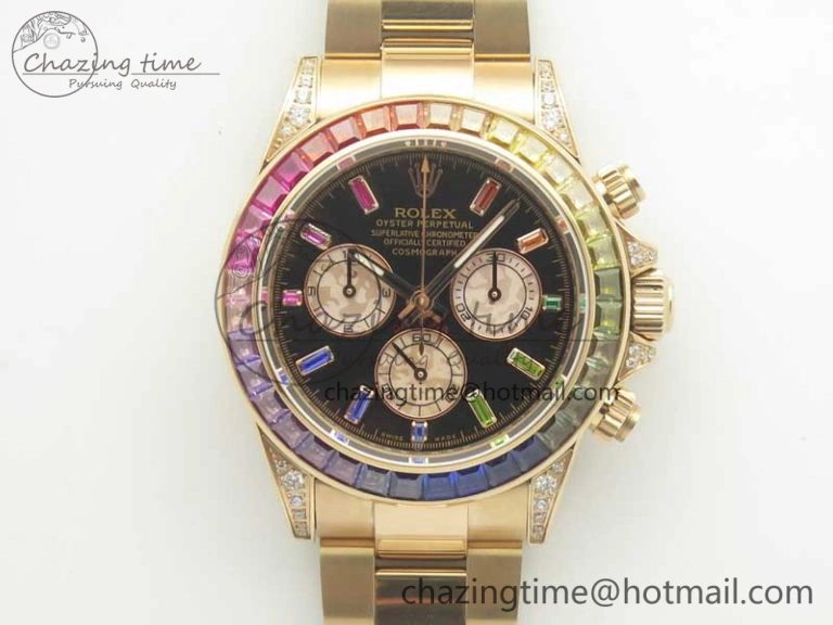 Daytona 116595RBOW RG Rainbow Crystal BLF Best Edition Black Dial on RG Bracelet A4130