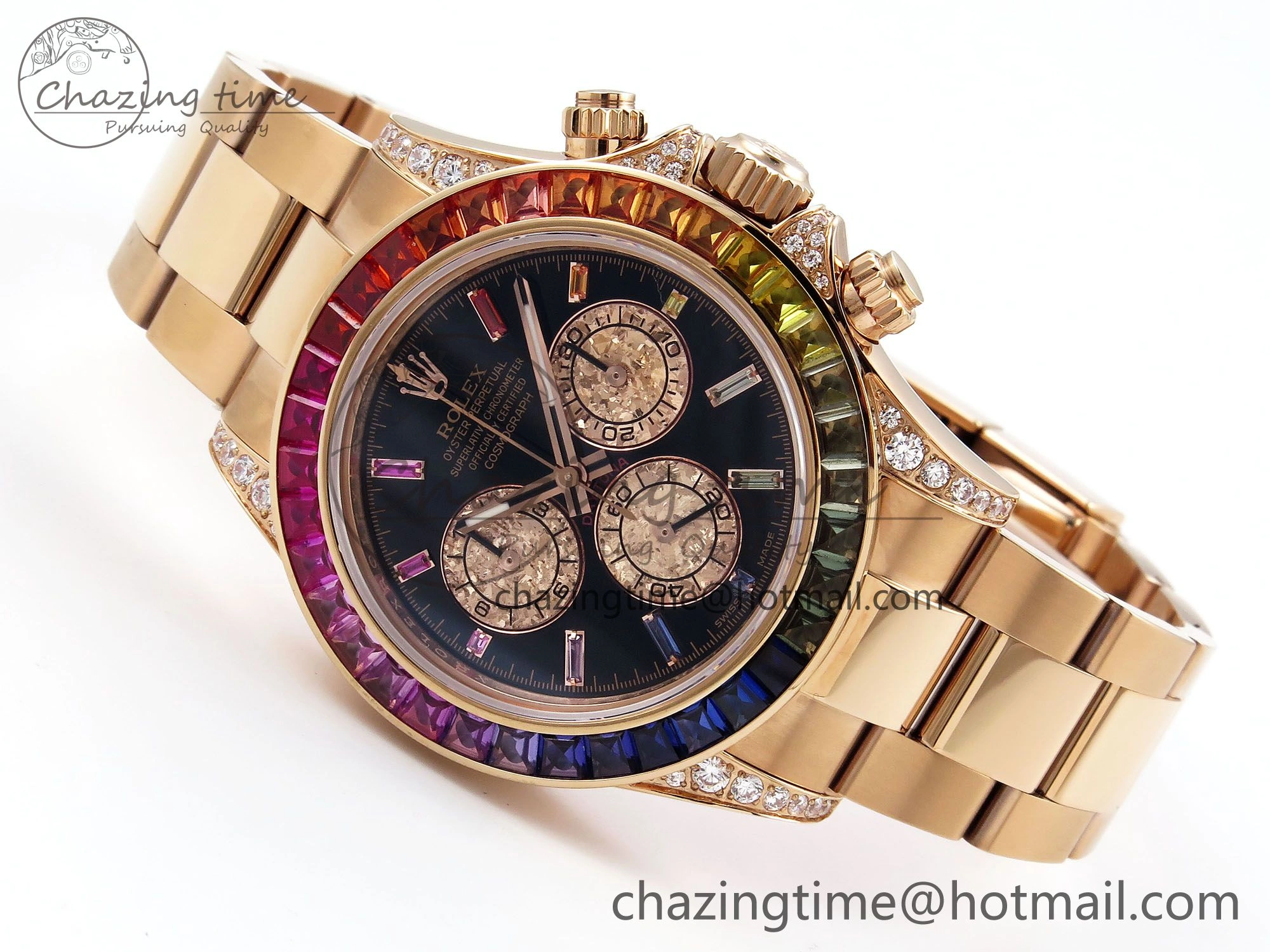 Daytona 116595RBOW RG Rainbow Crystal N6F Best Edition Black Dial on RG Bracelet SA4130
