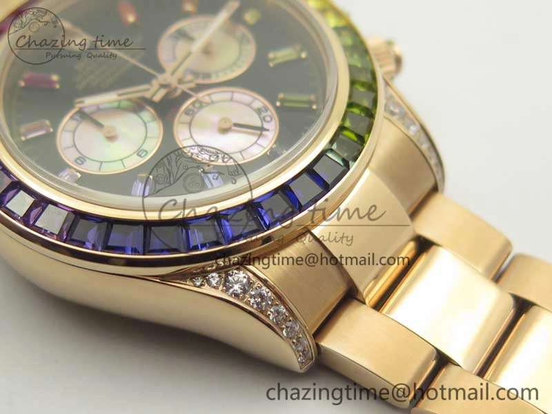 Daytona 116595RBOW Rainbow Crystal BP Maker Black Dial on RG Bracelet A4130