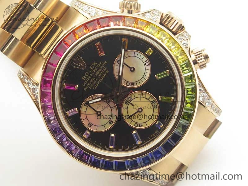 Daytona 116595RBOW Rainbow Crystal BP Maker Black Dial on RG Bracelet A4130