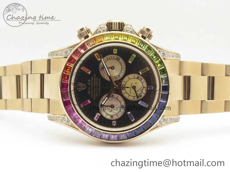 Daytona 116595RBOW Rainbow Crystal BP Maker Black Dial on RG Bracelet A4130