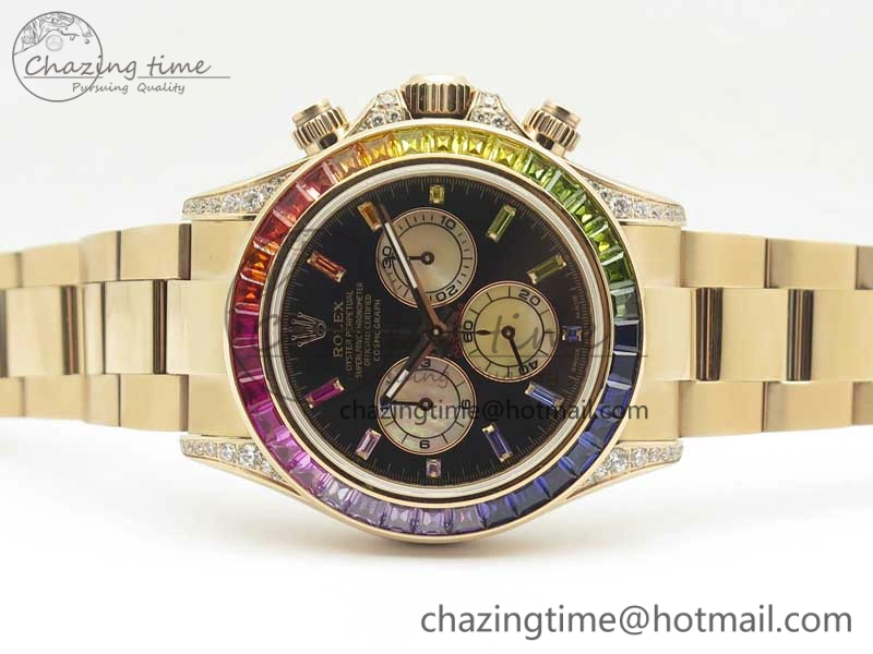 Daytona 116595RBOW Rainbow Crystal BP Maker Black Dial on RG Bracelet A4130