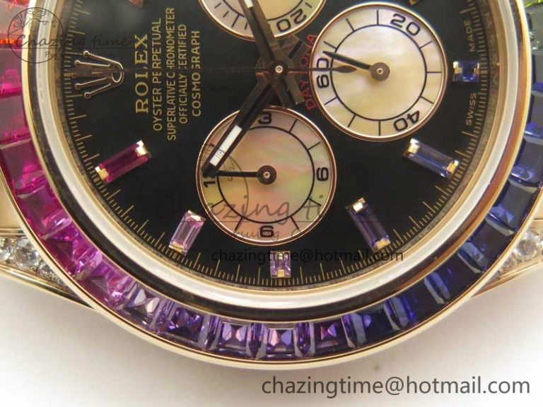 Daytona 116595RBOW Rainbow Crystal BP Maker Black Dial on RG Bracelet A4130