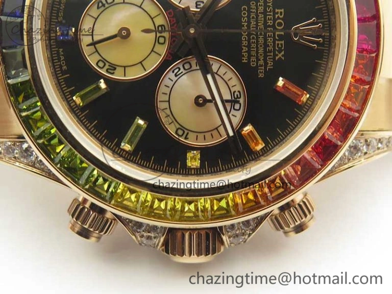 Daytona 116595RBOW Rainbow Crystal BP Maker Black Dial on RG Bracelet A4130