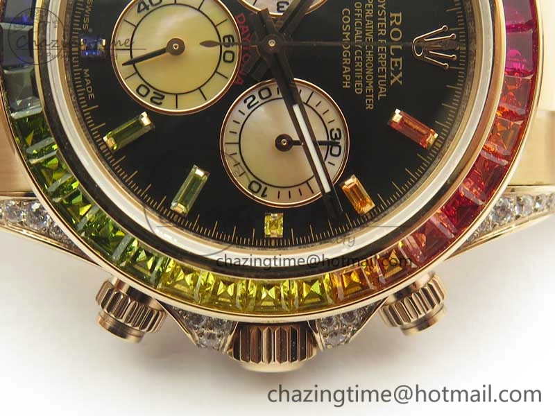 Daytona 116595RBOW Rainbow Crystal BP Maker Black Dial on RG Bracelet A4130