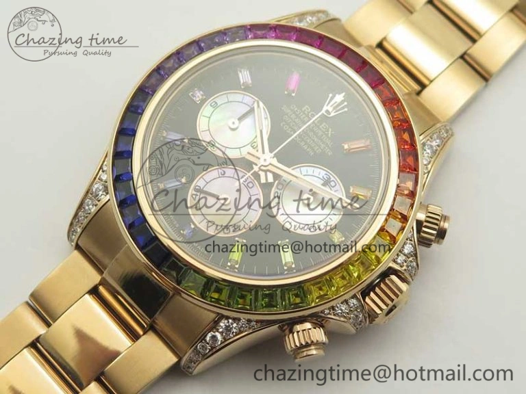 Daytona 116595RBOW Rainbow Crystal BP Maker Black Dial on RG Bracelet A4130