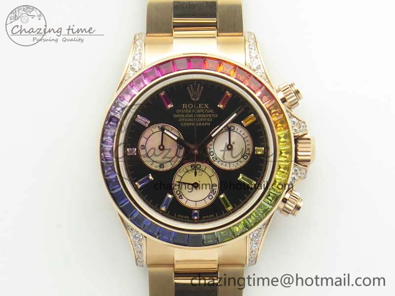 Daytona 116595RBOW Rainbow Crystal BP Maker Black Dial on RG Bracelet A4130