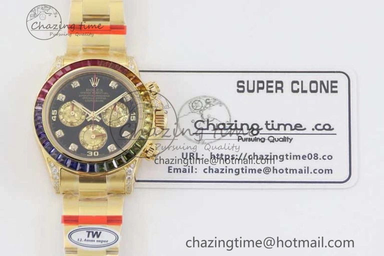 Daytona 116595RBOW YG TWF 1:1 Best Edition 904L Steel Black YG Diamonds Dial on YG Bracelet A7750