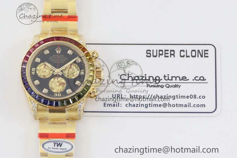 Daytona 116595RBOW YG TWF 1:1 Best Edition 904L Steel Black YG Diamonds Dial on YG Bracelet A7750