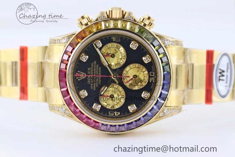 Daytona 116595RBOW YG TWF 1:1 Best Edition 904L Steel Black YG Diamonds Dial on YG Bracelet A7750
