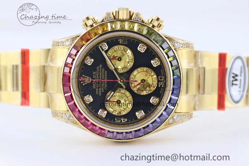 Daytona 116595RBOW YG TWF 1:1 Best Edition 904L Steel Black YG Diamonds Dial on YG Bracelet A7750