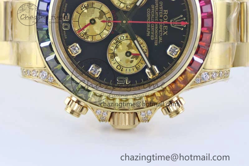 Daytona 116595RBOW YG TWF 1:1 Best Edition 904L Steel Black YG Diamonds Dial on YG Bracelet A7750