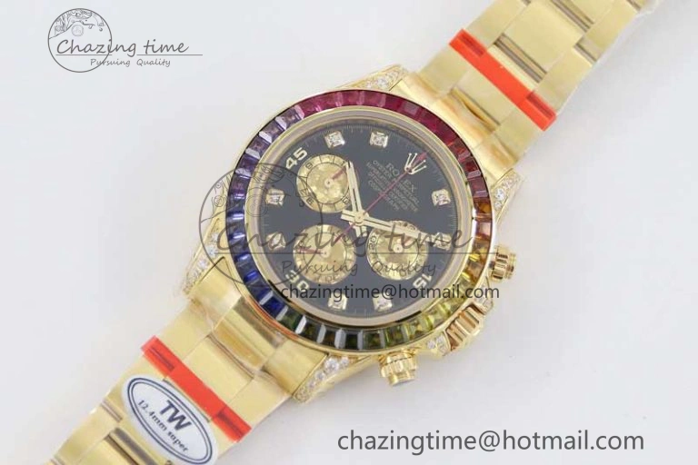 Daytona 116595RBOW YG TWF 1:1 Best Edition 904L Steel Black YG Diamonds Dial on YG Bracelet A7750
