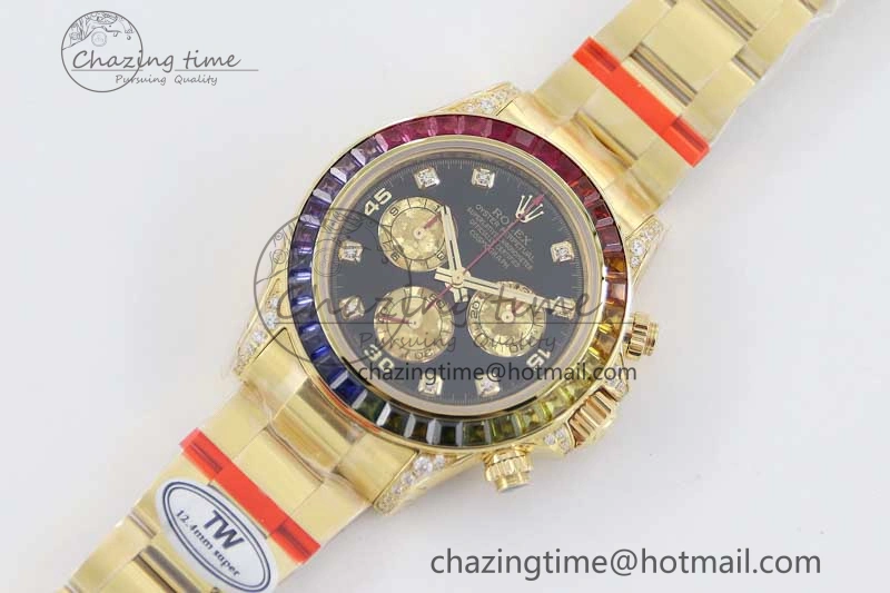 Daytona 116595RBOW YG TWF 1:1 Best Edition 904L Steel Black YG Diamonds Dial on YG Bracelet A7750
