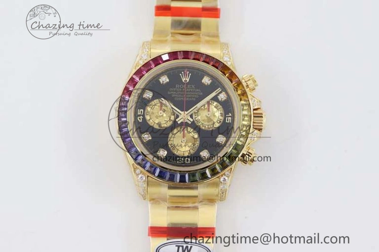 Daytona 116595RBOW YG TWF 1:1 Best Edition 904L Steel Black YG Diamonds Dial on YG Bracelet A7750