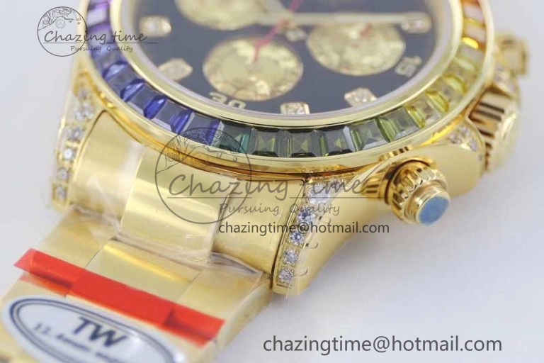 Daytona 116595RBOW YG TWF 1:1 Best Edition 904L Steel Black YG Diamonds Dial on YG Bracelet A7750