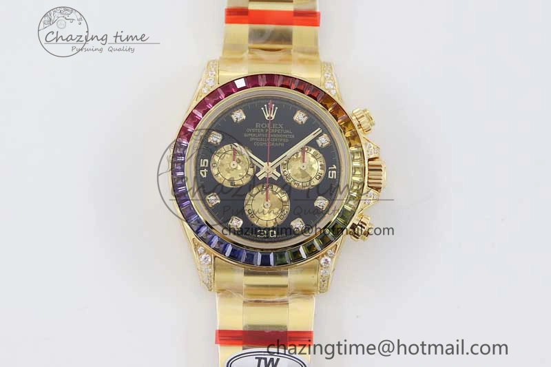 Daytona 116595RBOW YG TWF 1:1 Best Edition 904L Steel Black YG Diamonds Dial on YG Bracelet A7750