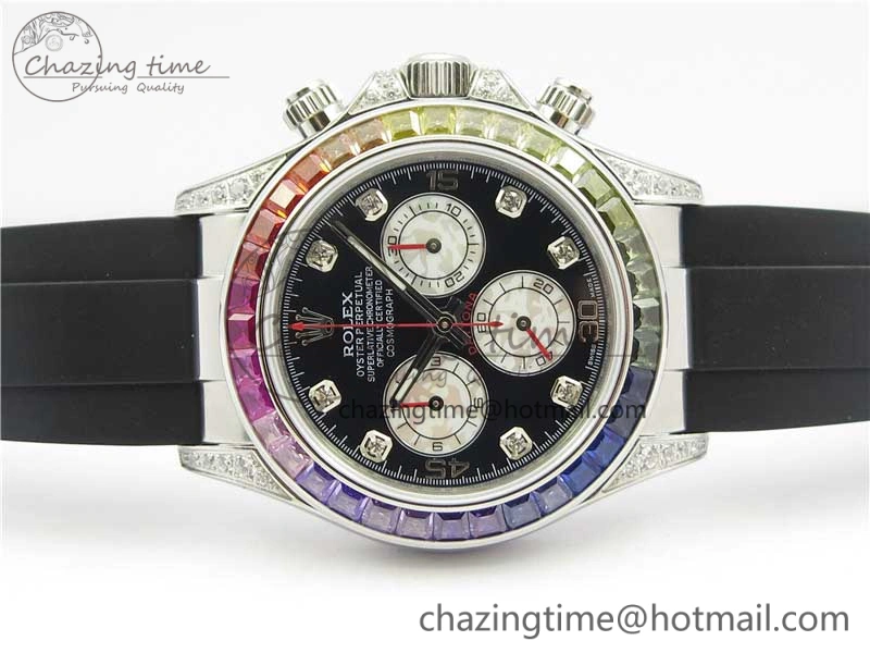 Daytona 116599RBOW SS Rainbow Crystal BLF Best Edition Black Dial on Rubber Strap A4130