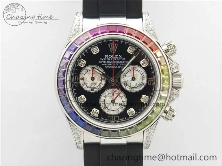 Daytona 116599RBOW SS Rainbow Crystal BLF Best Edition Black Dial on Rubber Strap A4130