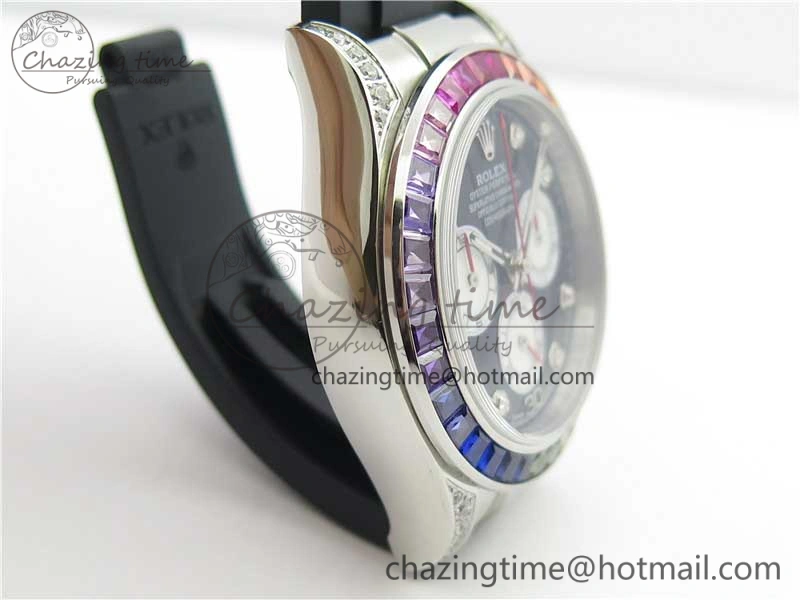 Daytona 116599RBOW SS Rainbow Crystal BLF Best Edition Black Dial on Rubber Strap A4130