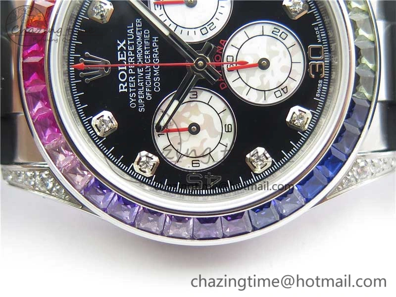 Daytona 116599RBOW SS Rainbow Crystal BLF Best Edition Black Dial on Rubber Strap A4130