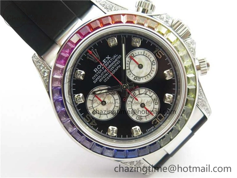 Daytona 116599RBOW SS Rainbow Crystal BLF Best Edition Black Dial on Rubber Strap A4130