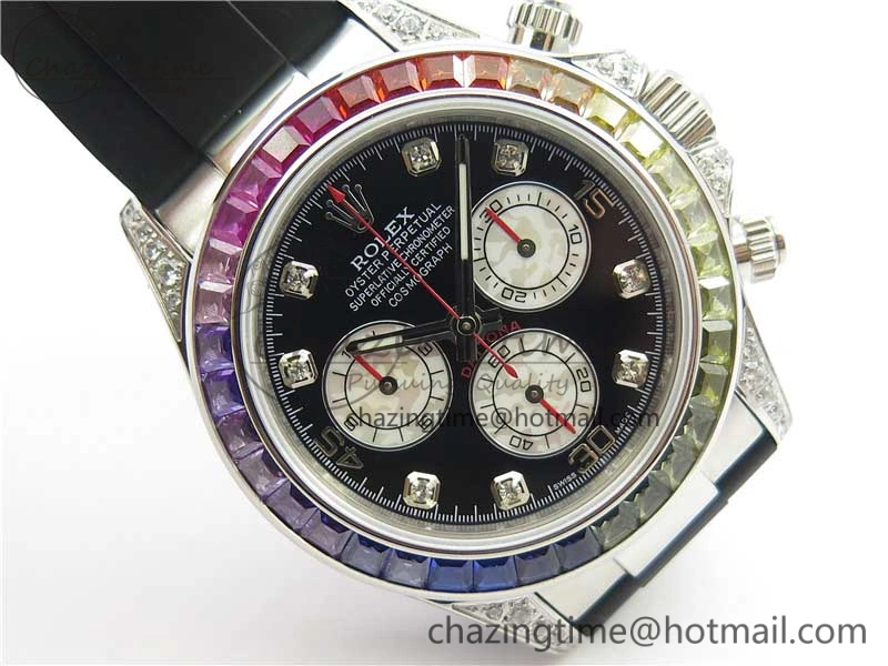 Daytona 116599RBOW SS Rainbow Crystal BLF Best Edition Black Dial on Rubber Strap A4130