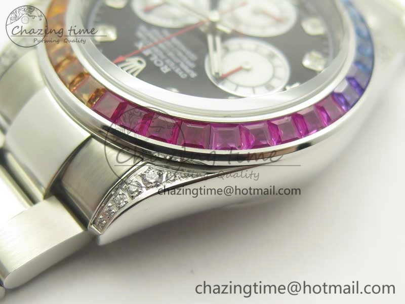 Daytona 116599RBOW SS Rainbow Crystal BLF Best Edition Black Dial on SS Bracelet A4130