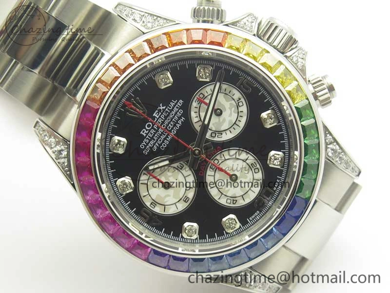 Daytona 116599RBOW SS Rainbow Crystal BLF Best Edition Black Dial on SS Bracelet A4130