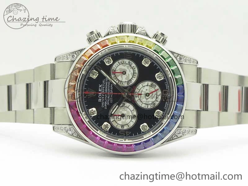 Daytona 116599RBOW SS Rainbow Crystal BLF Best Edition Black Dial on SS Bracelet A4130
