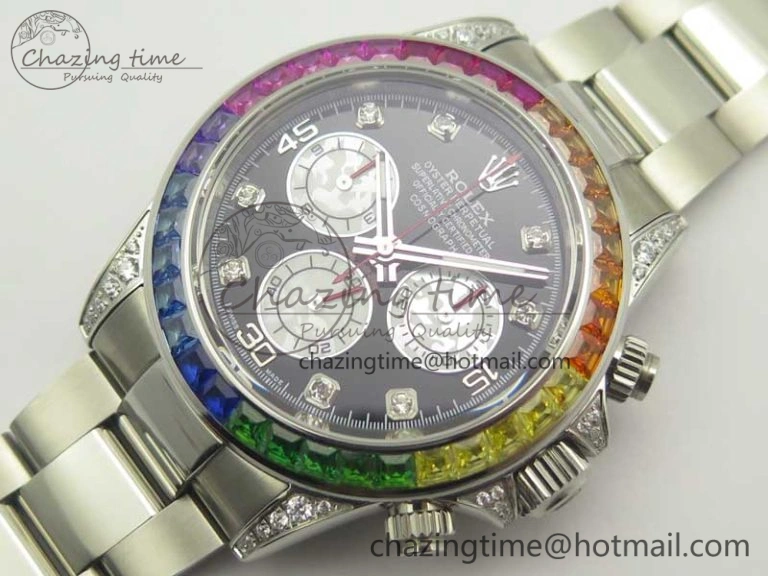 Daytona 116599RBOW SS Rainbow Crystal BLF Best Edition Black Dial on SS Bracelet A4130