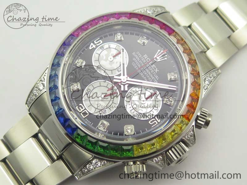 Daytona 116599RBOW SS Rainbow Crystal BLF Best Edition Black Dial on SS Bracelet A4130