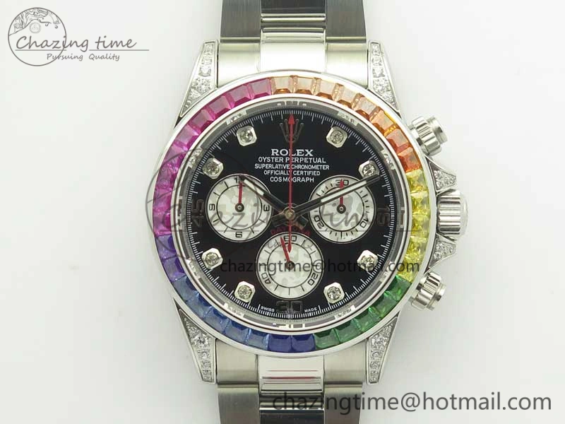 Daytona 116599RBOW SS Rainbow Crystal BLF Best Edition Black Dial on SS Bracelet A4130