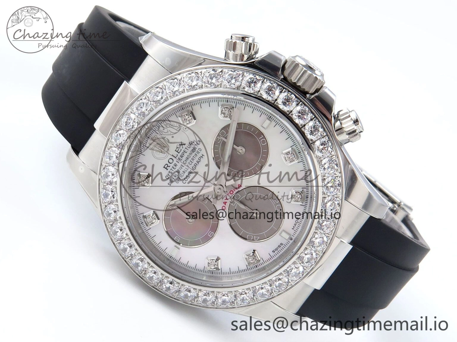 Daytona 126589RBR EWEF 1:1 Best Edition 904L Steel White MOP Dial Diamonds Bezel on Black Rubber Strap SH4131