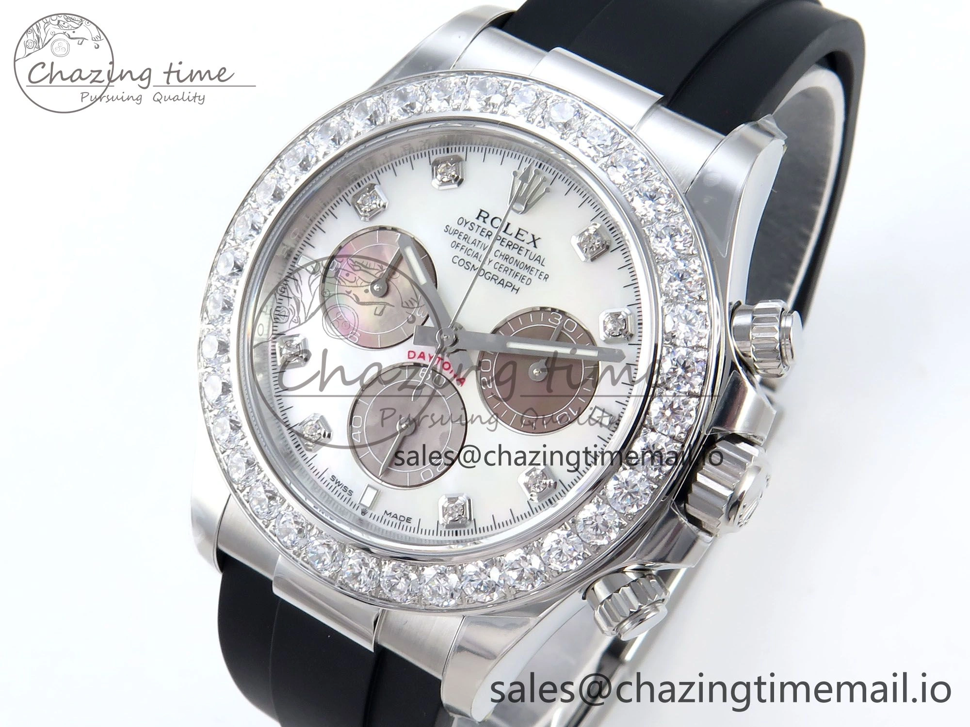 Daytona 126589RBR EWEF 1:1 Best Edition 904L Steel White MOP Dial Diamonds Bezel on Black Rubber Strap SH4131
