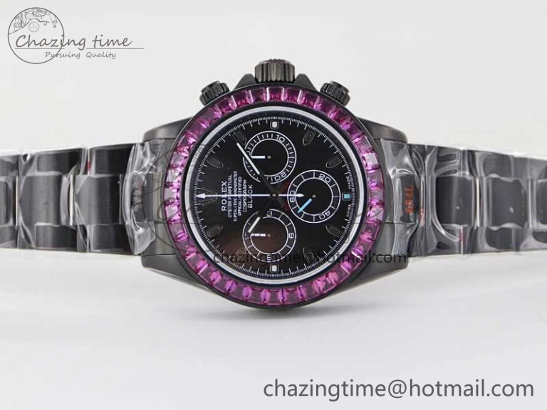 Daytona All Black PVD TWF Best Edition Purple Diamonds Bezel Black Dial on PVD Bracelet SA4130