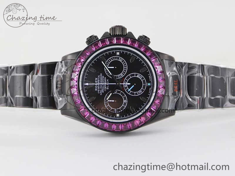 Daytona All Black PVD TWF Best Edition Purple Diamonds Bezel Black Dial on PVD Bracelet SA4130