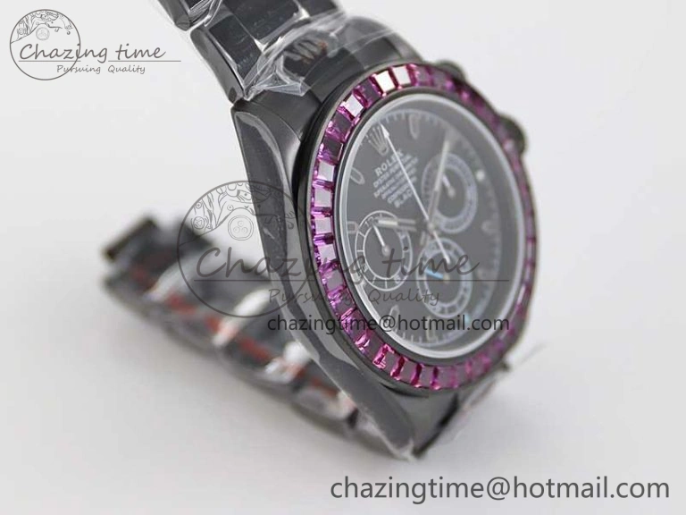 Daytona All Black PVD TWF Best Edition Purple Diamonds Bezel Black Dial on PVD Bracelet SA4130