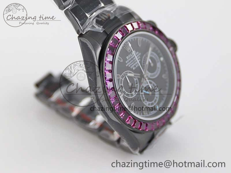 Daytona All Black PVD TWF Best Edition Purple Diamonds Bezel Black Dial on PVD Bracelet SA4130