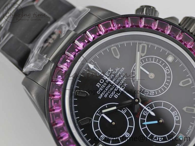 Daytona All Black PVD TWF Best Edition Purple Diamonds Bezel Black Dial on PVD Bracelet SA4130