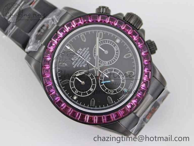 Daytona All Black PVD TWF Best Edition Purple Diamonds Bezel Black Dial on PVD Bracelet SA4130