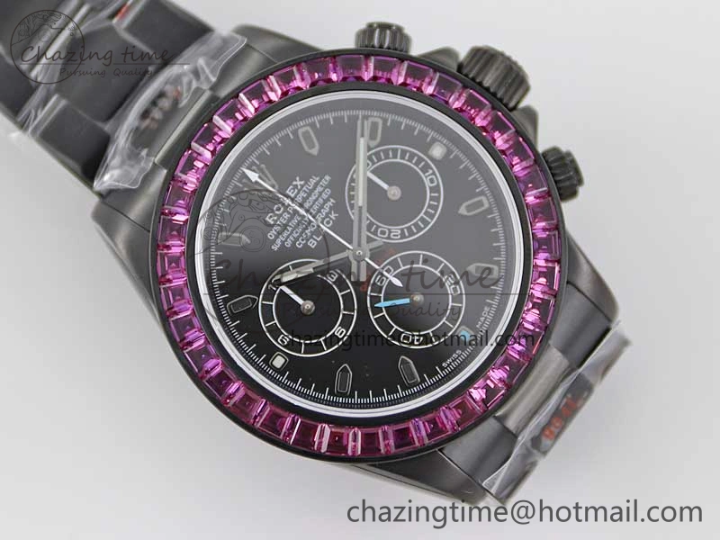 Daytona All Black PVD TWF Best Edition Purple Diamonds Bezel Black Dial on PVD Bracelet SA4130